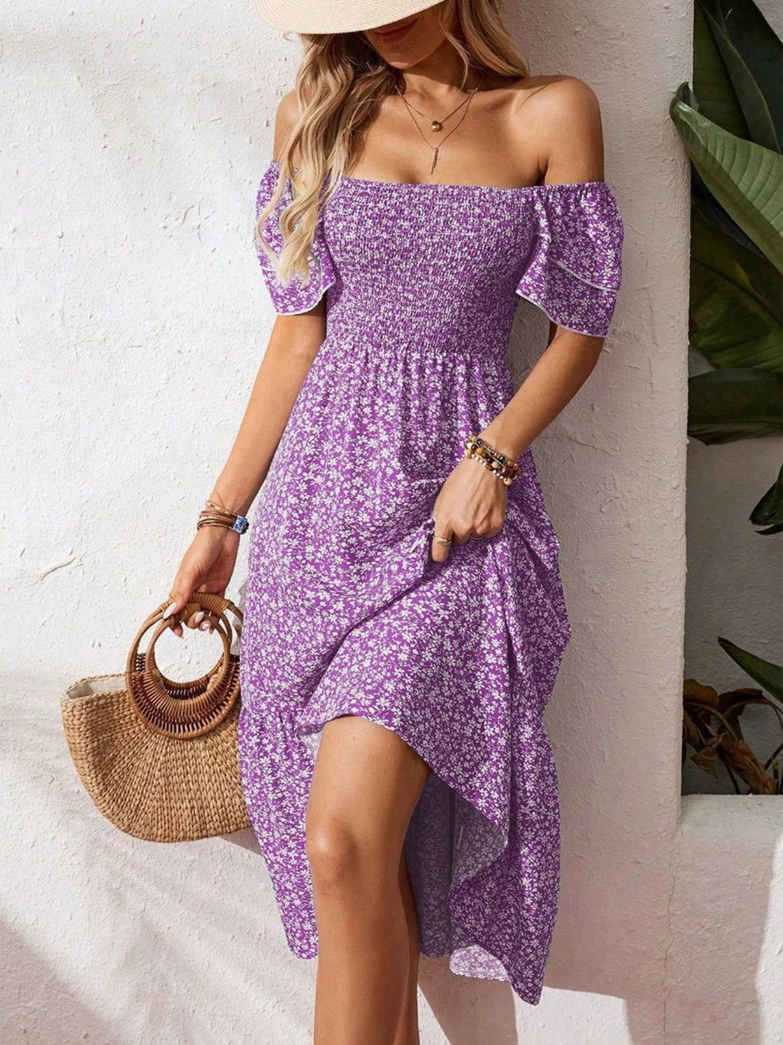 Short-Sleeved Square Neck Purple Floral Dress - L