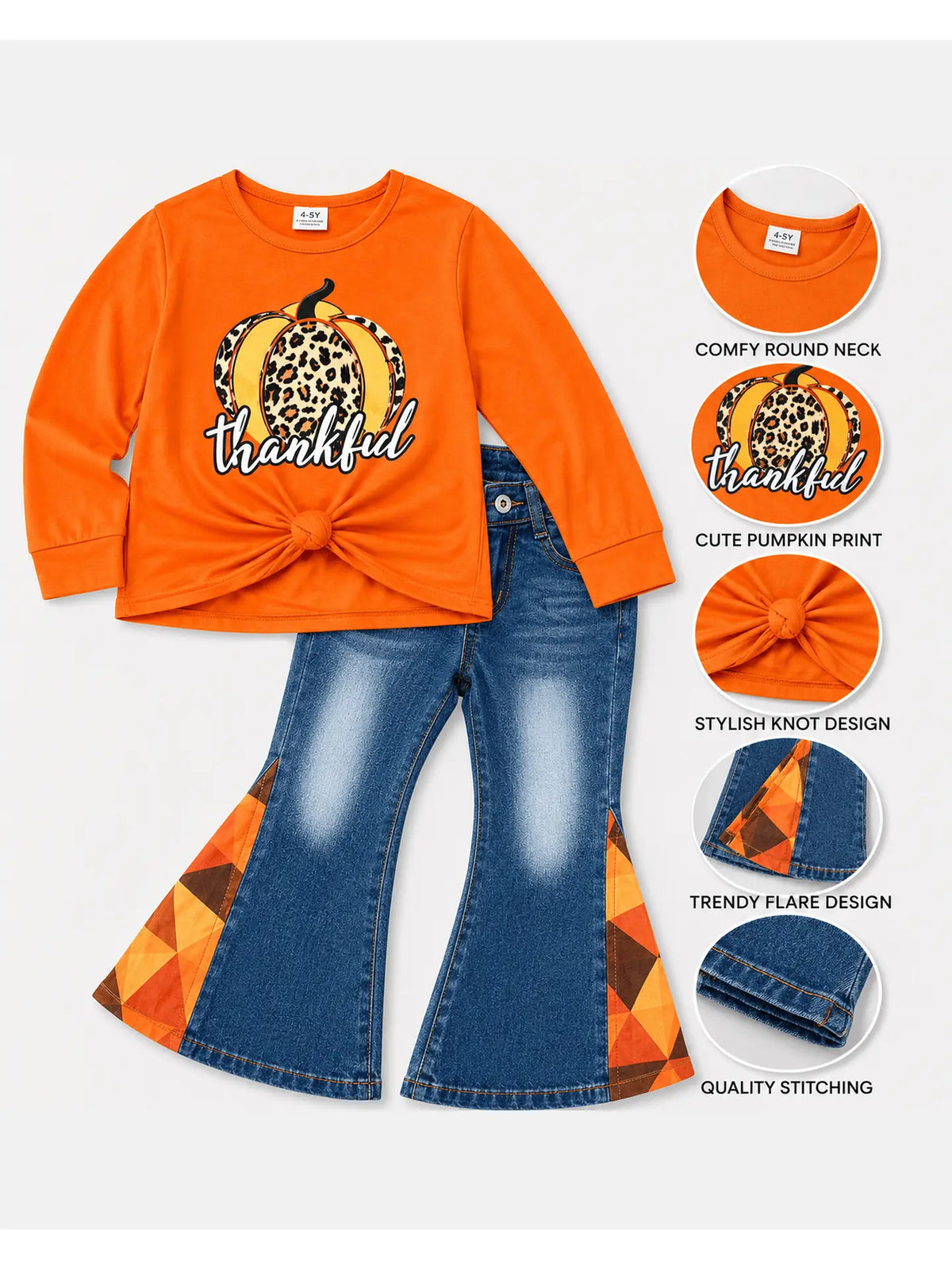 Thankful Orange Pumpkin Denim Outfit Kids