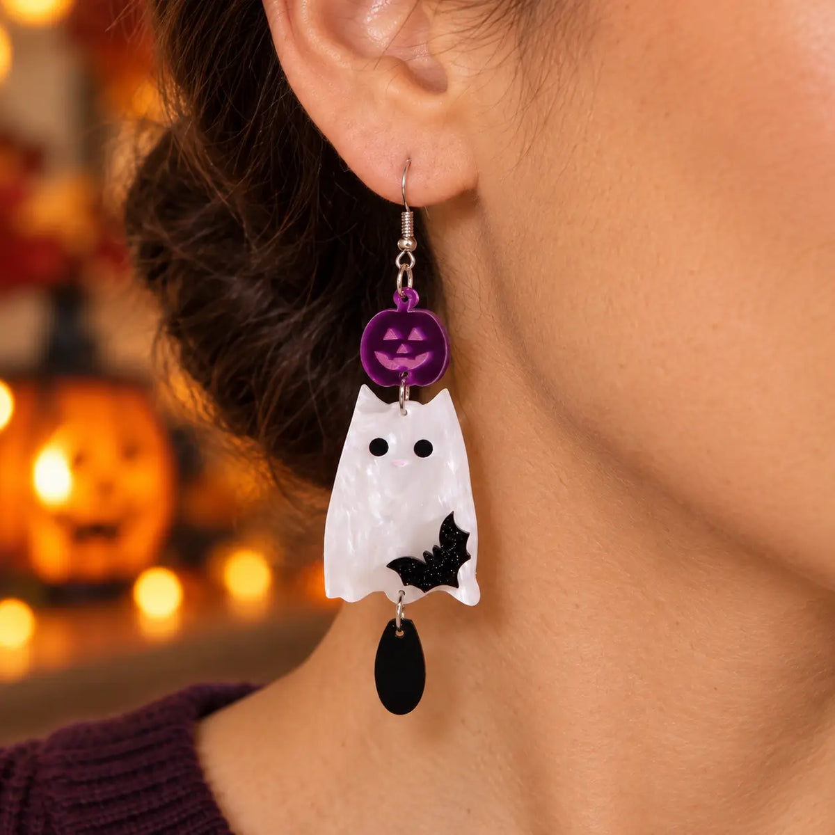 Cute Mismatched Halloween Ghost and Black Cat Acrylic Drop Earrings