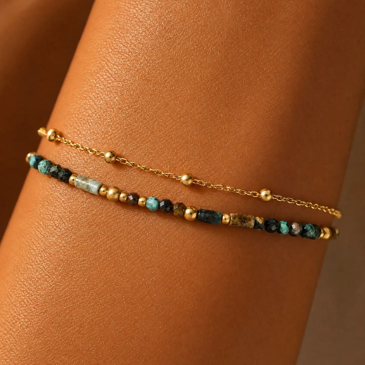 14K Gold Double Layer Beaded Boho Chain Bracelet