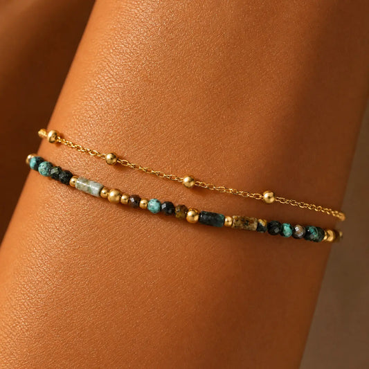 14K Gold Double Layer Beaded Boho Chain Bracelet