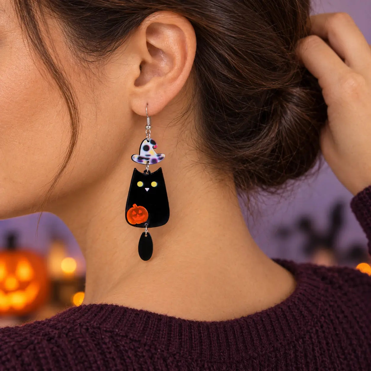 Cute Mismatched Halloween Ghost and Black Cat Acrylic Drop Earrings