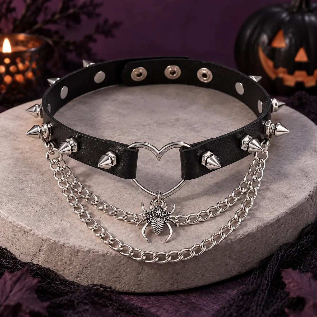 Edgy Punk Black Spiked Heart Choker with Layered Spider Chains
