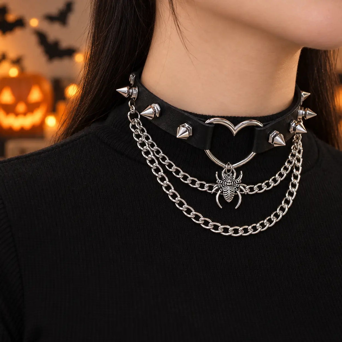 Edgy Punk Black Spiked Heart Choker with Layered Spider Chains