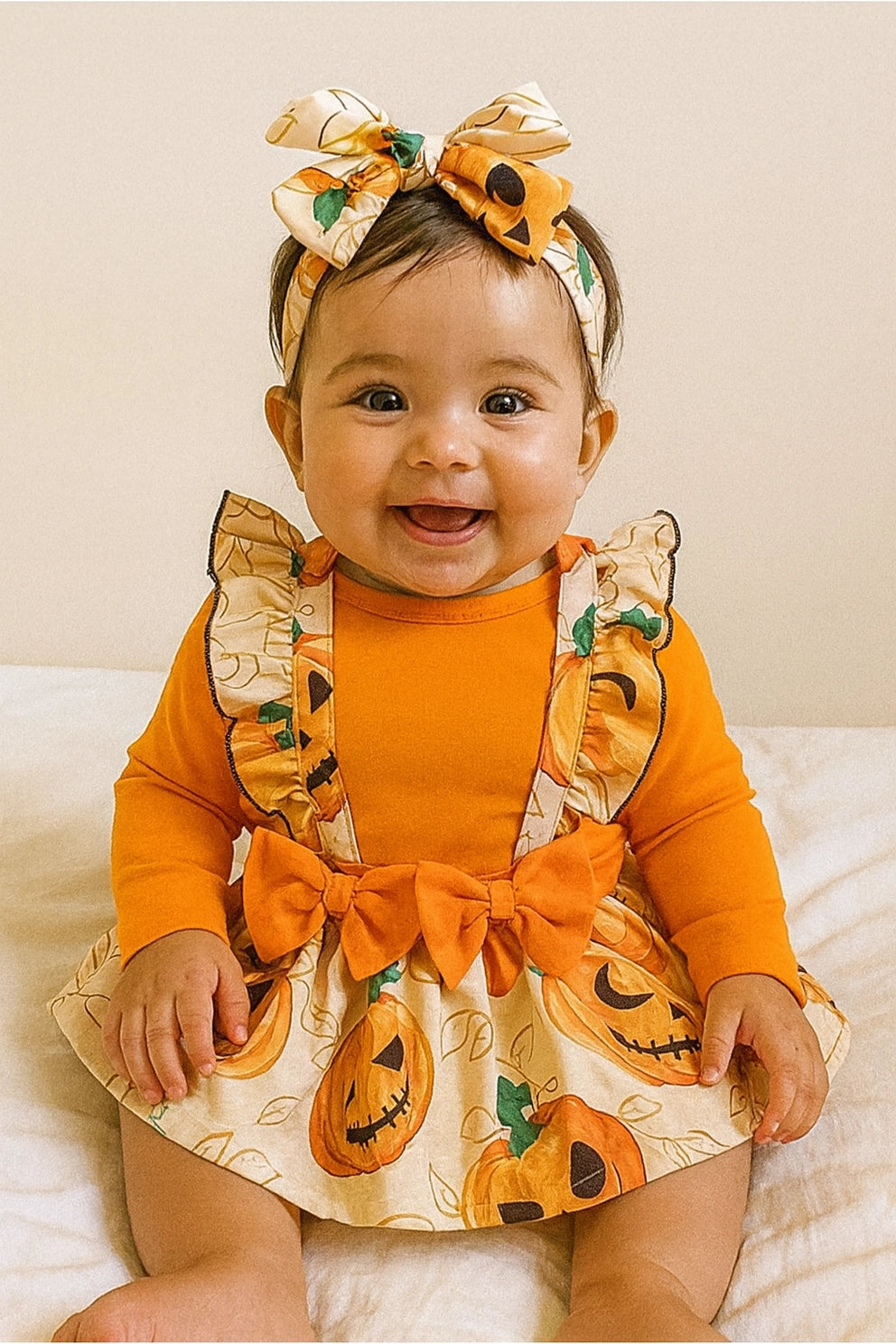 Orange Spooky Pumpkin 3pcs Baby Romper Dress Outfit