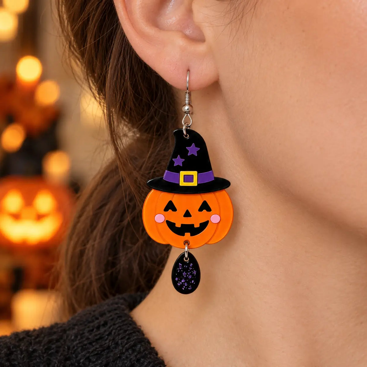 Cute Jack-O'-Lantern Witch Hat Acrylic Halloween Drop Earrings
