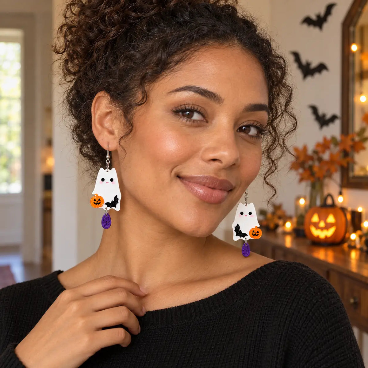 Cute White Ghost Bat Pumpkin Acrylic Halloween Drop Earrings