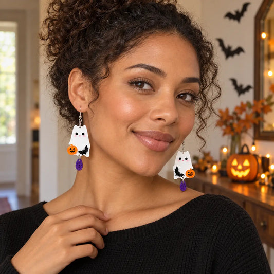 Cute White Ghost Bat Pumpkin Acrylic Halloween Drop Earrings