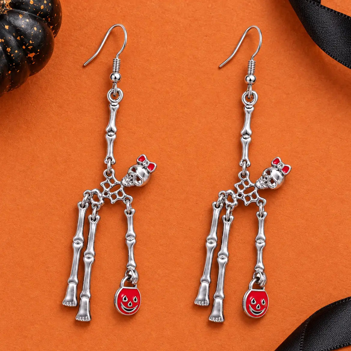 Punk Silver Skeleton Halloween Drop Earrings with Red Pumpkin