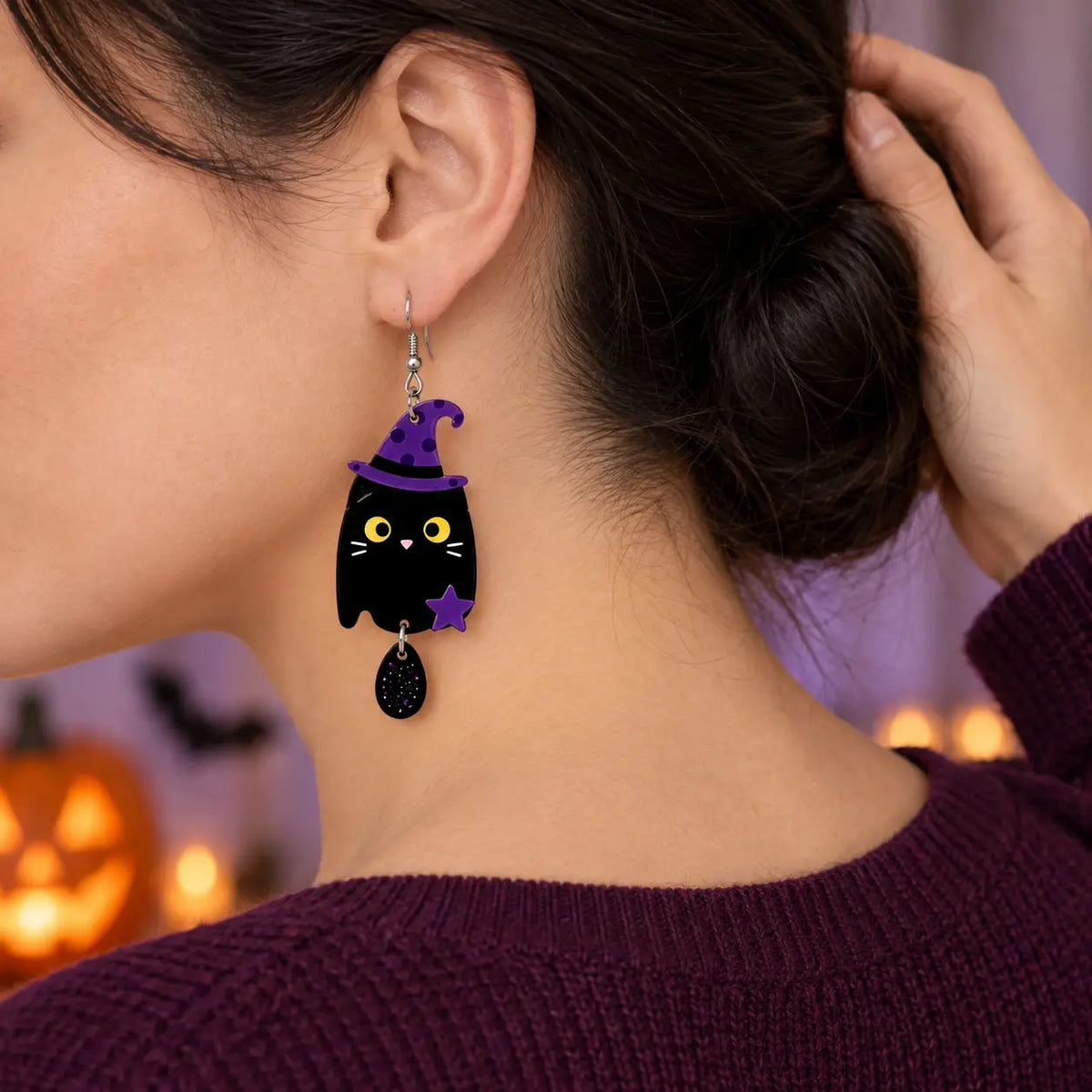 Cute Halloween Black Cat Witch Hat Acrylic Drop Earrings