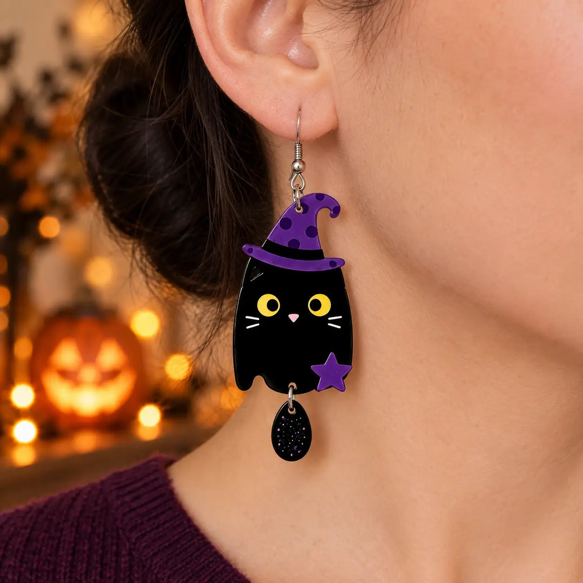 Cute Halloween Black Cat Witch Hat Acrylic Drop Earrings