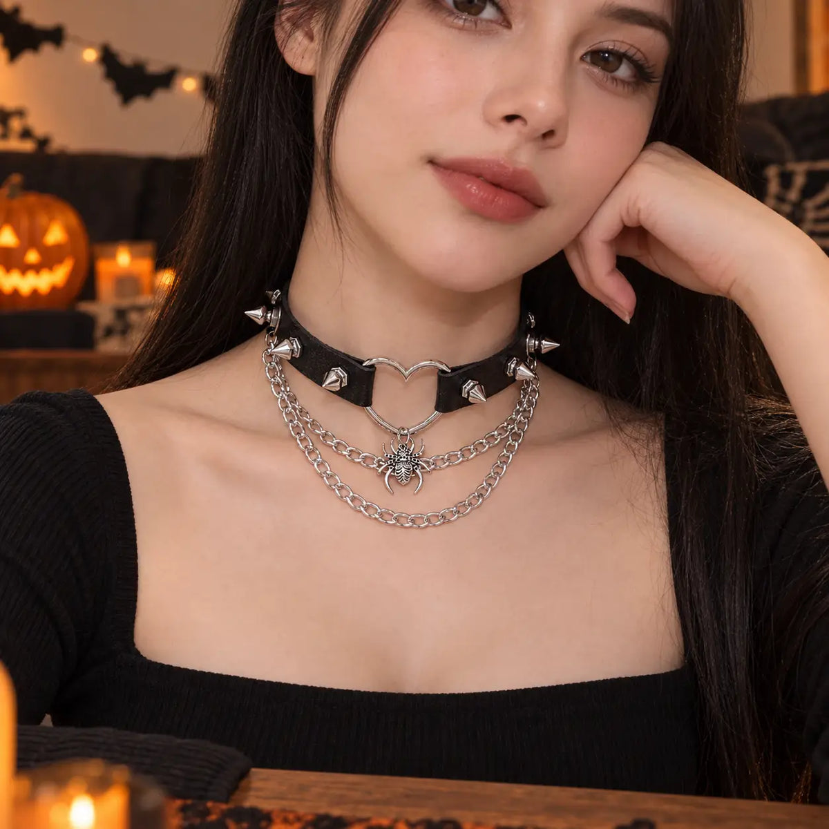 Edgy Punk Black Spiked Heart Choker with Layered Spider Chains