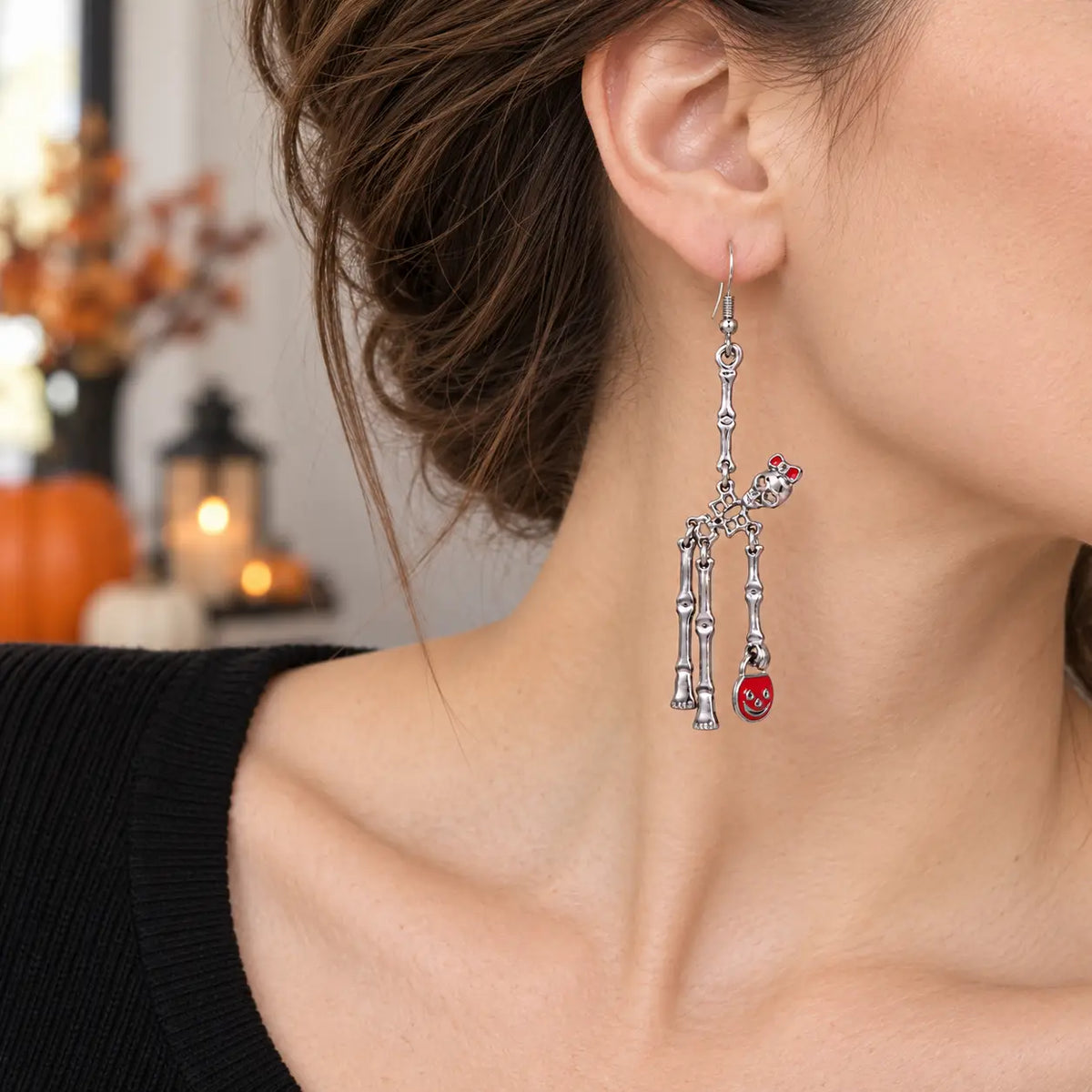 Punk Silver Skeleton Halloween Drop Earrings with Red Pumpkin