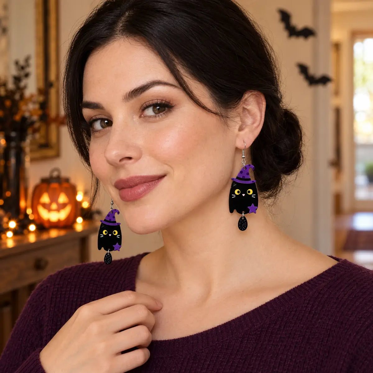Cute Halloween Black Cat Witch Hat Acrylic Drop Earrings