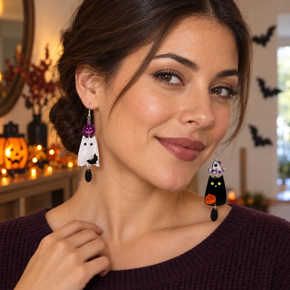 Cute Mismatched Halloween Ghost and Black Cat Acrylic Drop Earrings