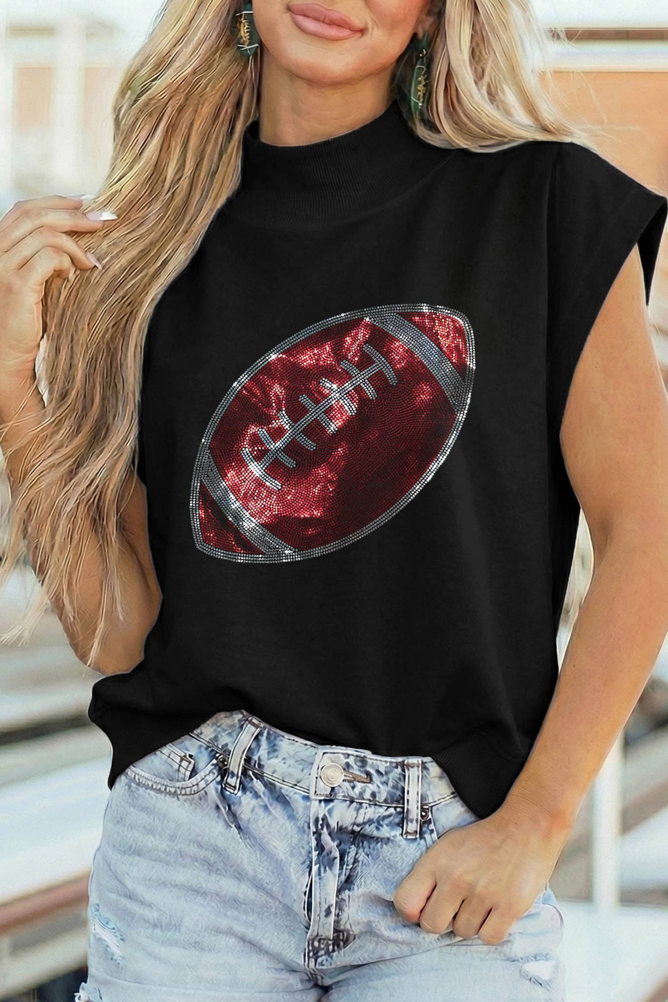 Sequin Rugby Bow Print Round Neck Casual Shift Tee