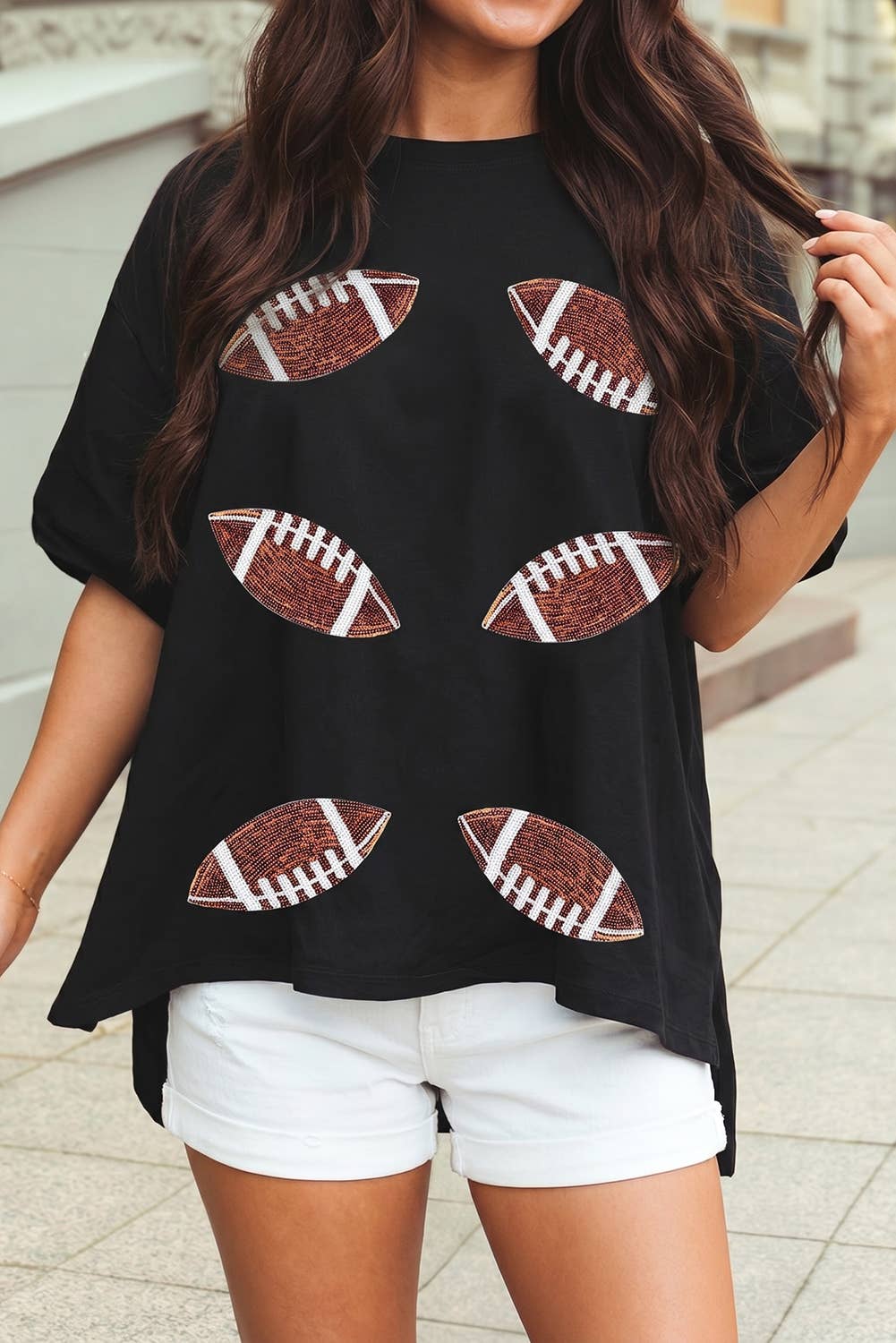 Sequin Football Patched Crewneck Loose T Shirt