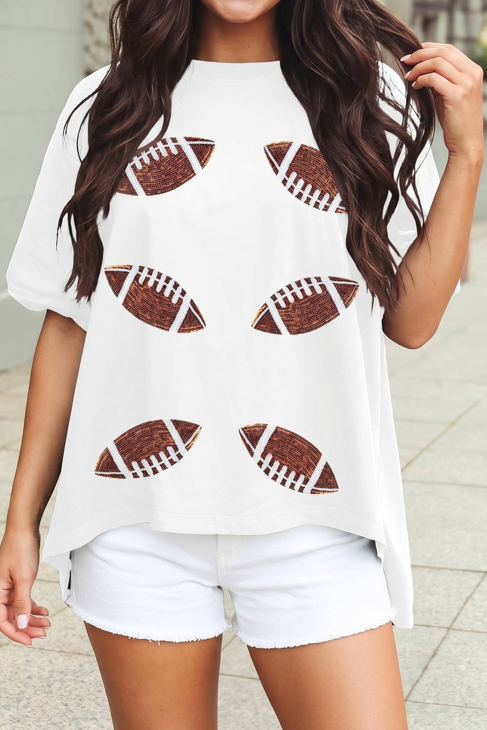 Sequin Football Patched Crewneck Loose T Shirt